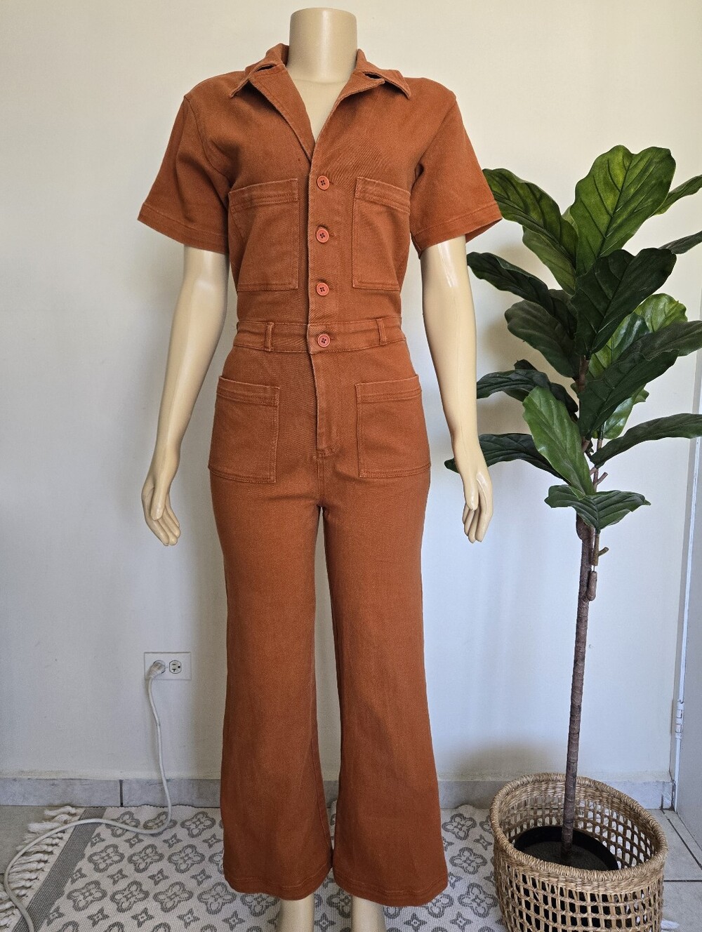 Whimsy + Row 100% Organic Cotton Quilted Logan Jumpsuit in Rust Size S Women's